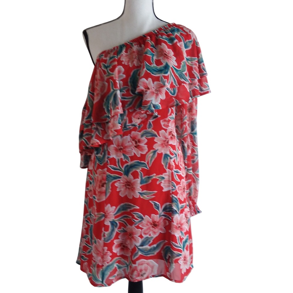 Show Me Your Mumu Watson Mini Dress Red Floral One Shoulder‎ Ruffle Sz L USA